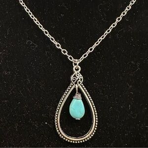 Faux Turquoise/Silver Teardrop Necklace 20” Silver Chain wLobster Claw Clasp NEW